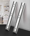 20 Inch Full Extension Drawer Slides With Soft Close Ball Bearing Side Mount Zinc Plated Steel 78 Lb Load Capacity Each Rugged Heavy Duty Cabinet Hardware 10 Pair Pack displayed against a modern kitchen background