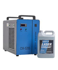 Heavy Duty Industrial Water Chiller With Co2 Laser Coolant Fluid Rock Solid Six Liter Tank built tough beside coolant jug.