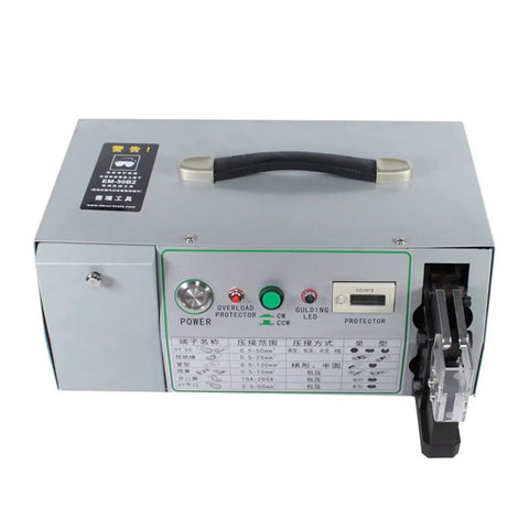 Get The Job Done Right With This Em-50B2 Pneumatic Crimper top view of semi-auto electric terminal crimping machine with controls.