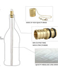 Diagram of Wine Bottle Torch Kit 4 Pack with Long Life Fiberglass Wicks, Brass Wick Holders and Brass Caps detailing sizes.