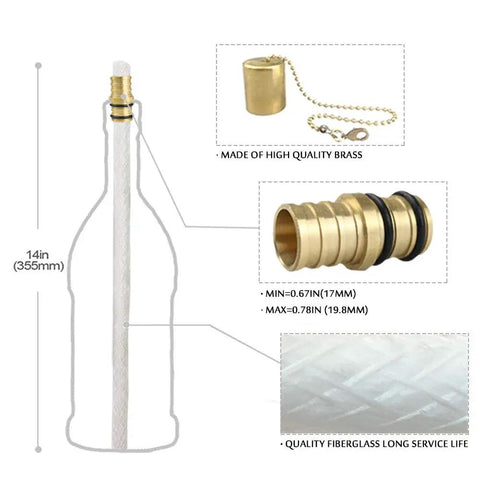 Diagram of Wine Bottle Torch Kit 4 Pack with Long Life Fiberglass Wicks, Brass Wick Holders and Brass Caps detailing sizes.