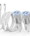 60W Dual USB C Car Charger With Cigarette Lighter Socket Includes Type C Cable And Lightning Cable Fast PD Charging