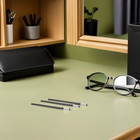 Ten Pairs Glasses Arm Replacement Kit With Metal Temple Tips, Anti Slip Eyewear Grips, glasses and case on table
