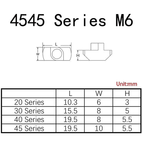 Durable Heavy Duty 50 Pack M6 T Nuts Hammer Head T Slot Nuts Drop In Nickel Plated Carbon Steel For European Aluminum Profiles 10mm Slot 4545 Series Pro Grade Assortment Kit with technical drawing showing dimensions.