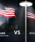 Comparison of Brightest Solar Flag Pole Light 3 In 1 Design With Dual Brightness vs traditional spotlight on American flag at night