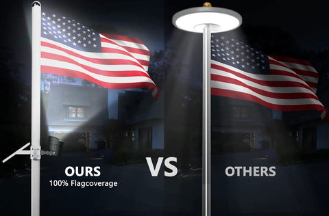 Comparison of Brightest Solar Flag Pole Light 3 In 1 Design With Dual Brightness vs traditional spotlight on American flag at night