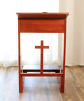 Front view of Folding Wooden Prayer Kneeler Bench For Home Or Church Space Saving Kneeler With Fold Up Tabletop And Bible Shelf