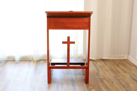 Front view of Folding Wooden Prayer Kneeler Bench For Home Or Church Space Saving Kneeler With Fold Up Tabletop And Bible Shelf