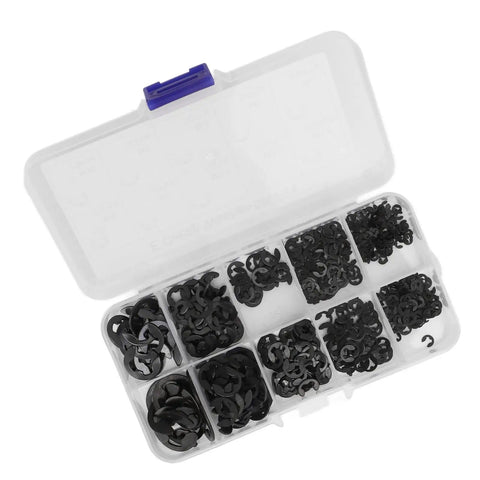 E Clip Assortment Kit With 580 Pieces Stainless Steel E Type Retaining Rings In Storage Box for secure fixing on grooved shafts.