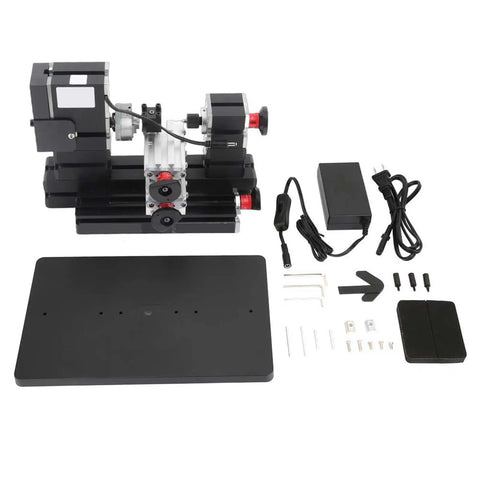 Halearo Mini Lathe Machine 60W with accessories on a tabletop, used for woodworking and precision detailing.