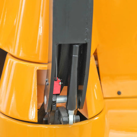 Close-up of the hydraulic mechanism on Fully Powered Electric Walkie Stacker With Adjustable Straddle Legs for Pallet Handling