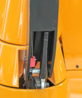 Close-up view of the hydraulic mechanism on the Kaixun Full Powered Electric Walkie Stacker With Adjustable Straddle Legs.