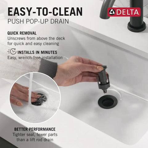 Easy-to-clean push pop-up drain with Modern Matte Black Bathroom Faucet For Vanity 1 Or 3 Hole Installation With Deck Plate