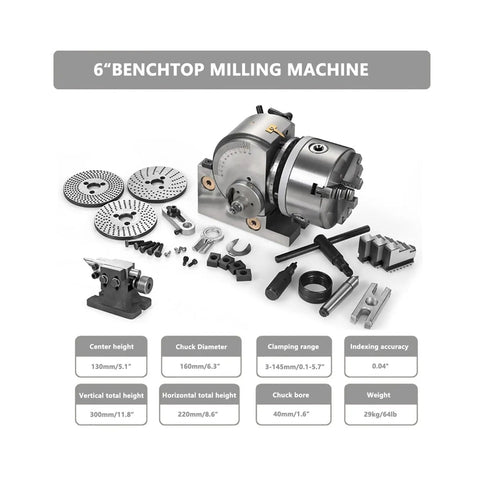 Universal Indexing Head For Milling Machines With Interchangeable Index Plates And Direct Fit Mount Delivers Hella Accurate Spacing For Sweet Gear Cutting And Pro Machinist Projects, 6 inch benchtop milling machine with accessories.