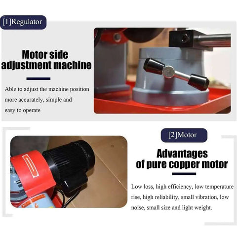 Close-up of Heavy Duty Rotary Angle Mill Sharpener motor side adjustment and pure copper motor features for precision grinding.