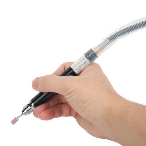Hand holding Air Powered Pencil Die Grinder Kit for One Hand Use Micro Polishing and Engraving Tool Portable Zinc Alloy Build High Speed 65,000 RPM 90 PSI
