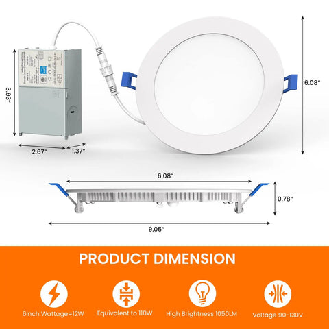 Six Pack Ultra Thin 6 Inch LED Recessed Ceiling Lights With Junction Box No Hassle Install, 5CCT Dimmable Canless Downlights
