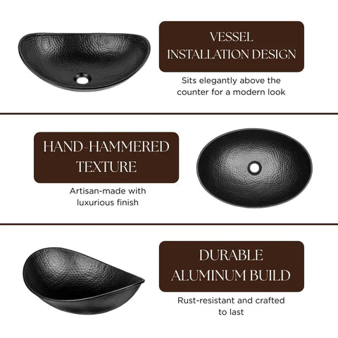 19 Inch Harbor Vessel Sink for Bathroom, above counter hand hammered matte black aluminum vanity basin showcasing design and texture.