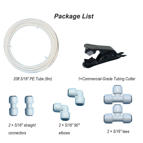 8 Piece 5/16 Inch RO Water Line Kit With Tubing Cutter And 20FT PE Tube Plus Push Connect Fittings Straight Elbow Tee components