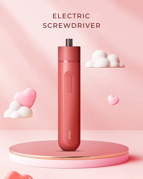 Ultra Handy Cordless Electric Screwdriver With 3.6V USB Rechargeable Battery displayed on a pink platform