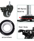 Heavy Duty 3 Inch Threaded Stem Caster Wheels Set Of 4 M10x25mm Dual Locking Brakes Industrial Swivel Casters showing 360-degree rotation and pedal brake.