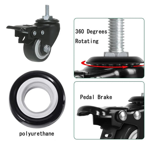 Heavy Duty 3 Inch Threaded Stem Caster Wheels Set Of 4 M10x25mm Dual Locking Brakes Industrial Swivel Casters showing 360-degree rotation and pedal brake.