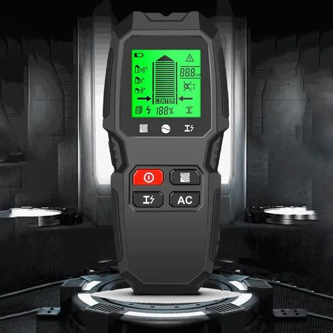 7 in 1 Smart Stud Finder Wall Scanner with LCD Display showing green backlit screen and buttons, ergonomic design for home use.