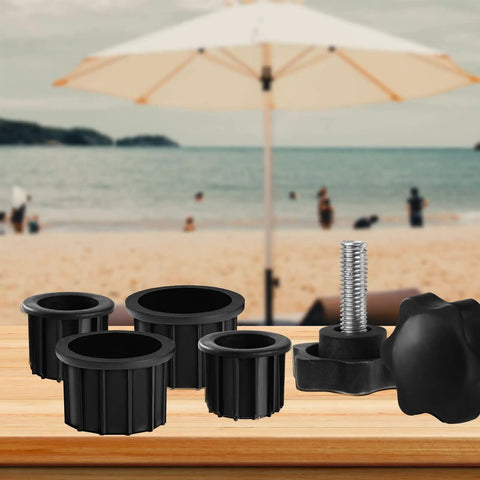 Six Piece Umbrella Base Replacement Parts Kit Includes Two 1.85 Inch Ring Plugs And Two 2 Inch Ring Plugs Plus M8 Thread Hand Knobs For Outdoor Patio Decks Backyards And Tables Black Must Have displayed on table with blurred beach background