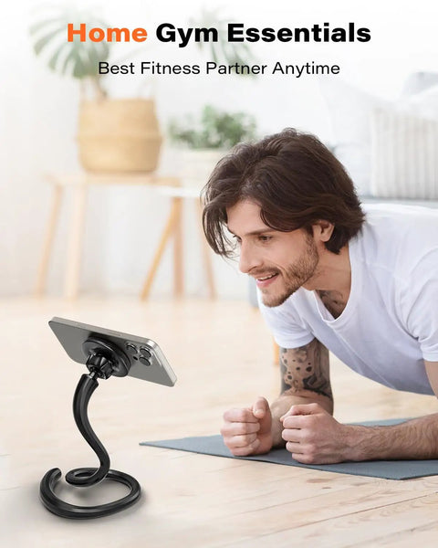 Man using Flexible Gooseneck MagSafe Phone Holder for iPhone Long Arm Gym Mount during home workout on mat.