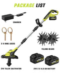 Cordless Garden Tiller With Dual 20V 4Ah Batteries, 9 Inch Tilling Width, accessories including charger and ring locks