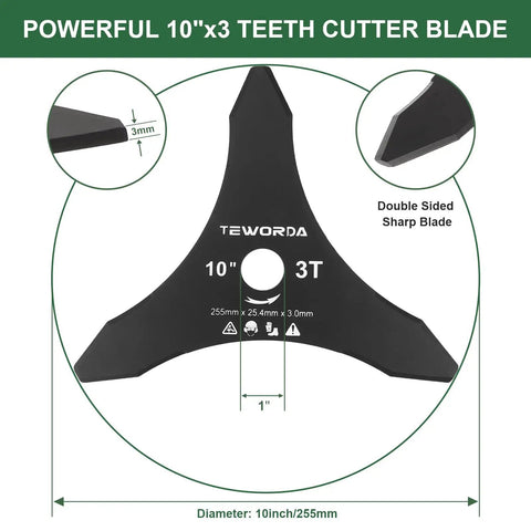 10 Inch 3 Tooth Brush Cutter Blades For Gas Powered Trimmers 2 Pack Beefed Up Carbon Steel Replacement Blades With Adapter Kit 25.4mm Arbor Universal Fit For Straight Shaft Weed Eaters