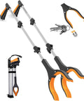 43-inch foldable grabber tool with magnets, two-pack, extended reach, keys and folded view included.