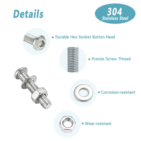 304 Stainless Steel Button Head M5 Screws Kit With 180 Pieces Hex Socket Bolts Nuts And Washers details image