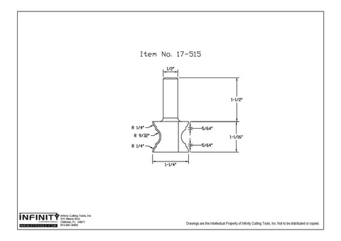 Technical diagram of Half Inch Shank Double Ogee Router Bit With One And A Quarter Inch Cutting Diameter And One And Sixteenth Inch Cutting Height Carbide Tip Heavy Duty For Handheld Or Table Mounted Wood Routers.