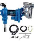 Heavy Duty 20 GPM 12 Volt Fuel Transfer Pump With 50 Amp Auto Fuse and nozzle, showcasing blue cast iron body and accessories.