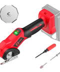 Heavy Duty Cordless Electric Scissor Cutter Compatible With Milwaukee 18v Batteries At 440 Rpm Fast Fabric Carpet And Plastic Cutting Tool, featuring red handheld design, spare blade, screwdriver, and tool accessories.