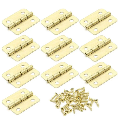 Gold Kitchen Cabinet Door Hinges 10 Piece Set With 4 Holes 18x16mm for Jewelry Boxes and Small Furniture, shown with screws