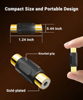 Straight Fire Gold Plated Rca Female To Female Coupler Extender showing dimensions 0.44 inches by 1.24 inches and knurled grip design.