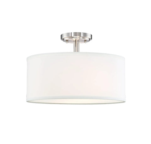 Fabric Drum Shade Semi Flush Mount Ceiling Light With PS Diffuser Off White Fabric Brushed Nickel Finish, 14 Inch