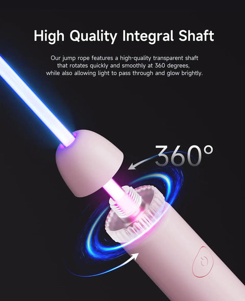 Close-up of LED glow handle rotating 360 degrees on light up jump rope with colorful LED glow for kids and grownups.