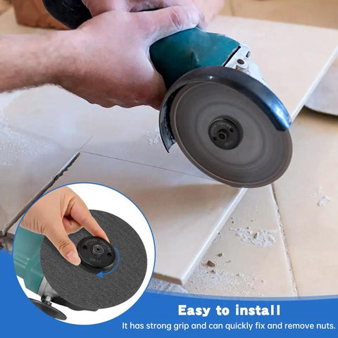 Using 5/8-11 Thread Angle Grinder Flange Nuts, 2 Pack Self-Locking Flange Nut for secure grinding on ceramic tile, no wrench needed.