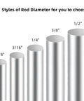 Five stainless steel rods with varying diameters from 1/8" to 1/2" shown, highlighting size options for metalworking projects.