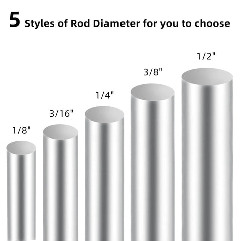 Five stainless steel rods with varying diameters from 1/8" to 1/2" shown, highlighting size options for metalworking projects.