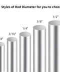 Five stainless steel rods in various diameters including Three Eighths Inch By Eight Inch 304 Stainless Steel Rod Smooth Round Solid Shaft.