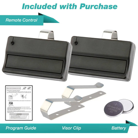 Two Pack Garage Door Remote Opener Compatible With 370LM Series Including accessories like visor clip and battery