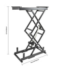 Top Shelf Electric Scissor Lift Table With Zero Fuss Hydraulic Raise Adjustable Height Platform Anti Pinch Guard Built Tough For Garage Projects And Heavy Hauling Tasks 180 Pounds side view with measurements