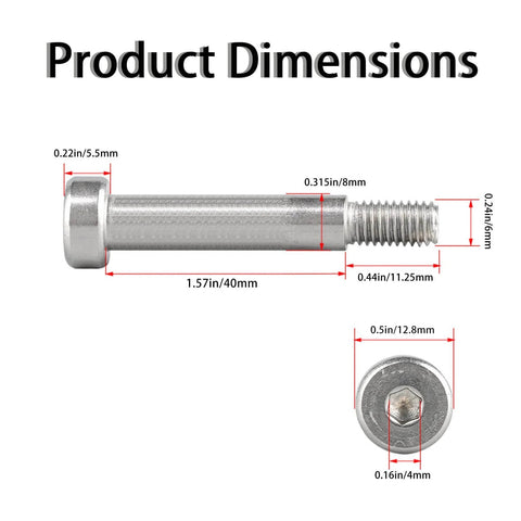 Five Pack Stainless Steel Hex Socket Shoulder Bolts 8mm Shoulder Diameter M6 Thread 40mm Long Built Tough Rust Resistant With Smooth Finish Durable Machine Screws For Automotive And Industrial Use shown with dimensions.