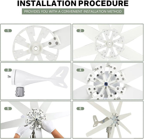 Installation steps for Powerful 14000W Wind Turbine Kit With 8 Blades, MPPT Controller, auto wind direction setup.