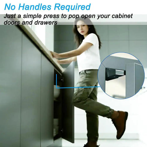 Magnetic Push to Open Cabinet Hardware Heavy Duty Push Latch and Lock for Hidden Doors, hands-free cabinet in use