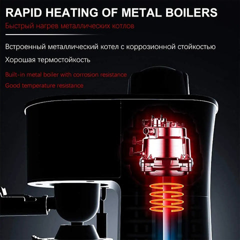 Diagram showing rapid heating system of the Compact Semi Automatic Espresso Machine With 5 Bar Pressure And Removable Milk Frother.